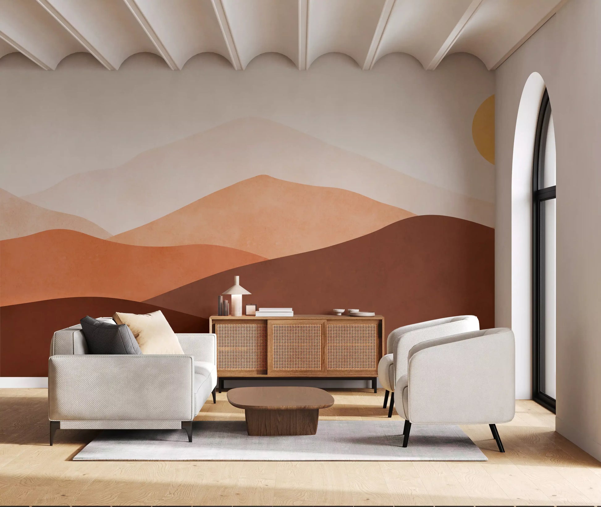 Abstract terracotta Horizon Hues Wall Mural with yellow sun shape., GD10258