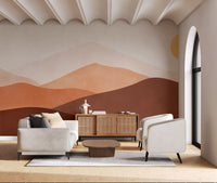 Abstract terracotta Horizon Hues Wall Mural with yellow sun shape., GD10258