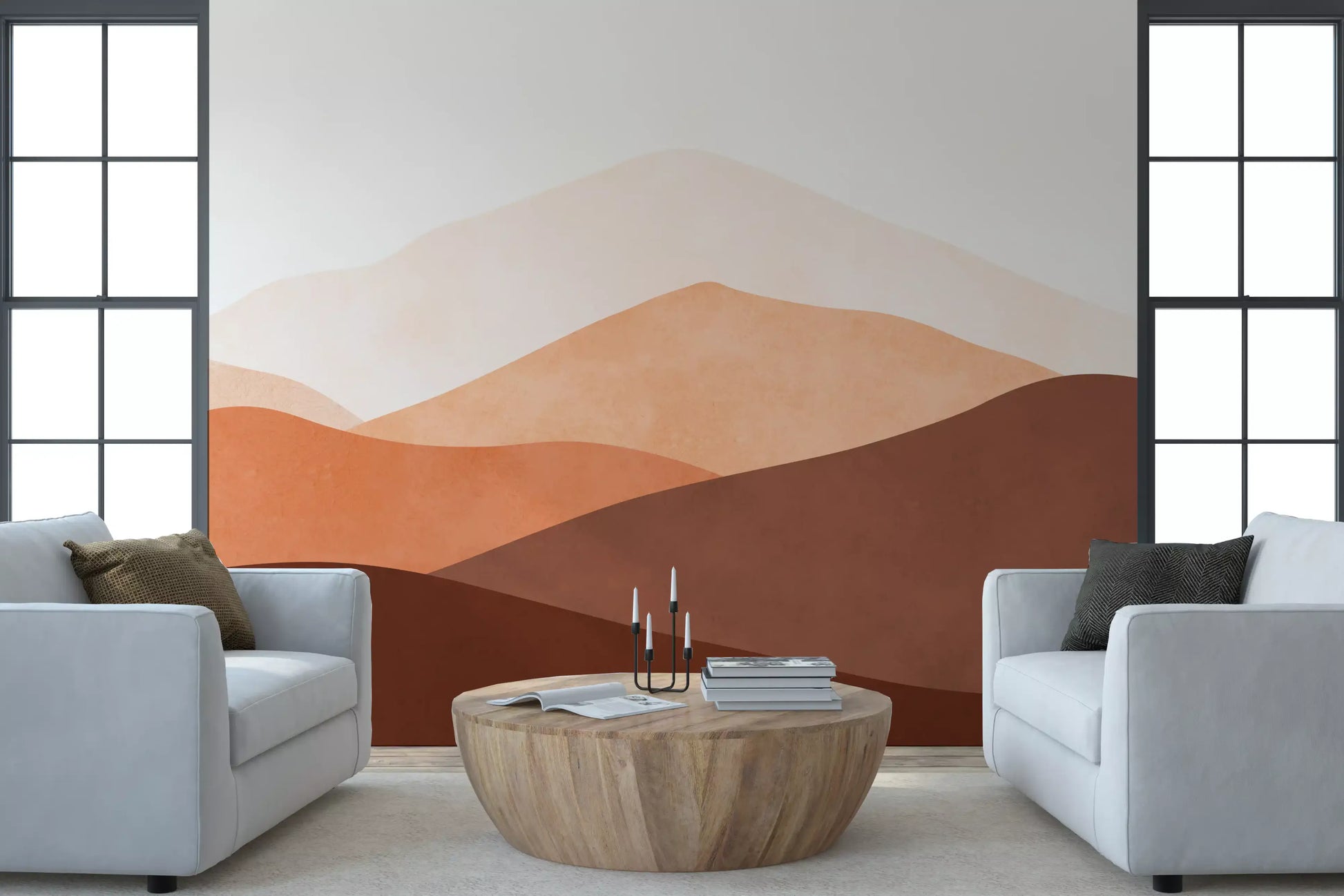 Desert Horizon Hues Wall Mural with earthy colours in lounge area., GD10258