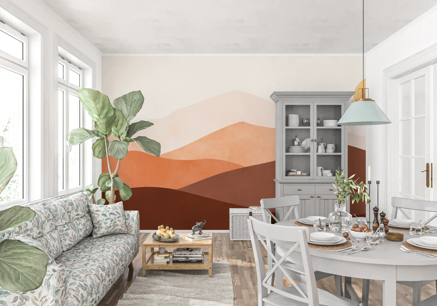 Minimalist Desert wall mural featuring sun and abstract beige mountains., GD10258