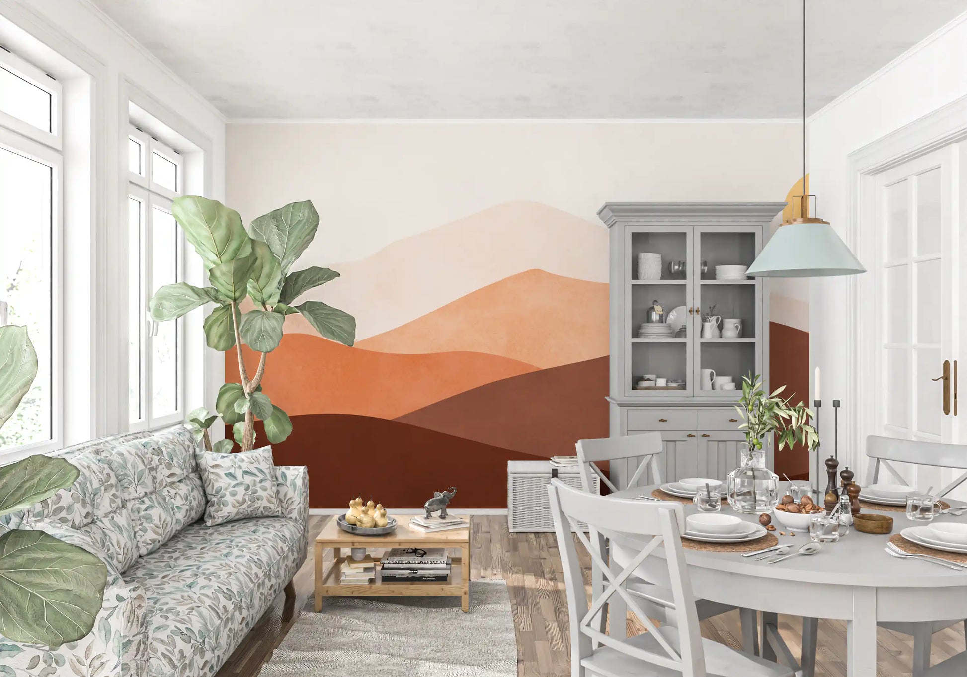 Minimalist Desert wall mural featuring sun and abstract beige mountains., GD10258