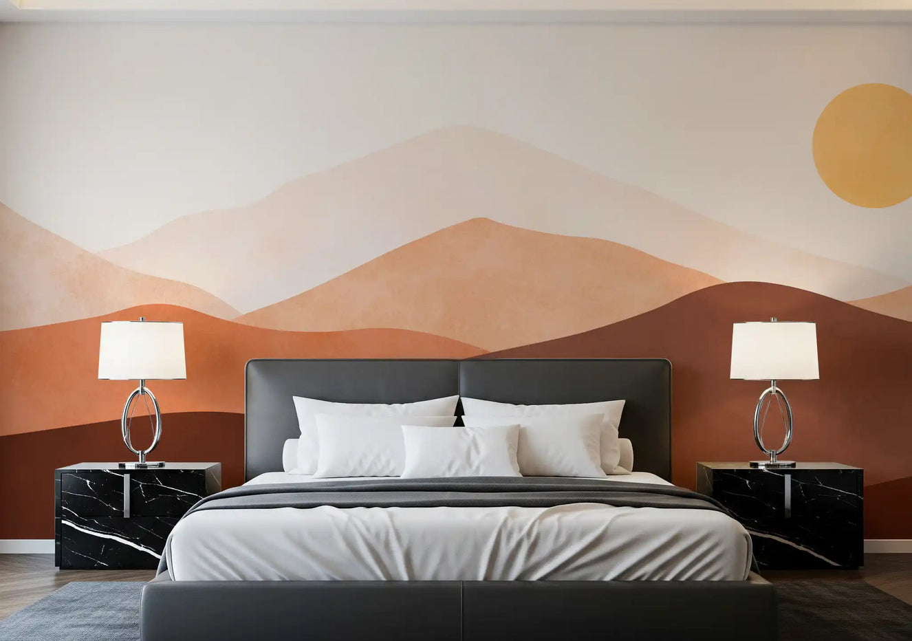 Desert Horizon Hues Wall Mural in master bedroom with warm brown tones. 
