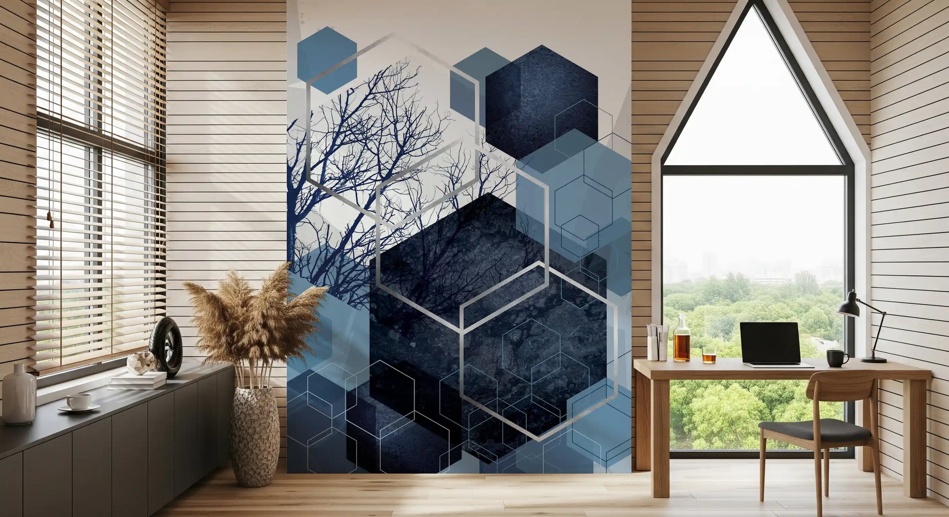 Indigo geometric wall mural combining bare trees and blue shapes for study room., GD10259