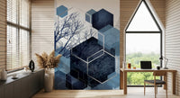 Indigo geometric wall mural combining bare trees and blue shapes for study room., GD10259