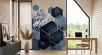 Indigo Hexagon Horizon Wall Mural featuring trees in small study room., GD10259