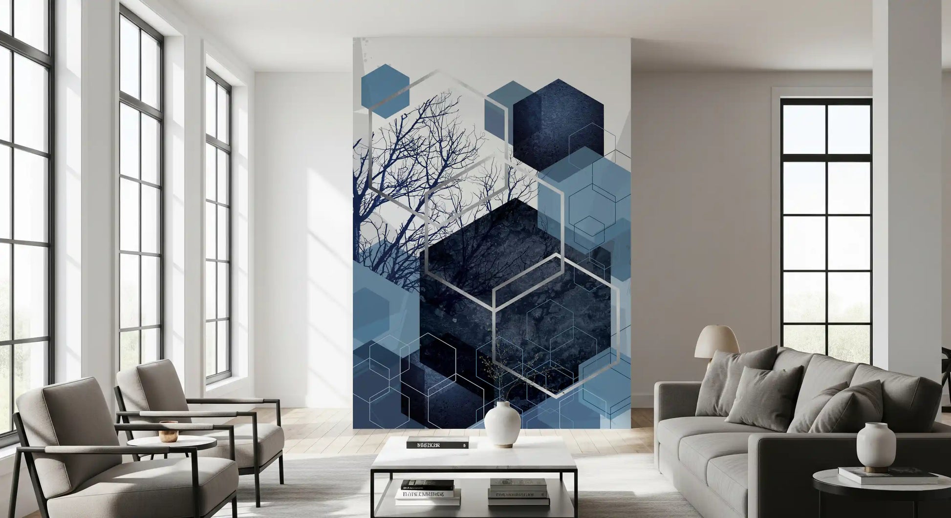 Horizon contemporary wall mural with intersecting blue geometric patterns., GD10259