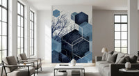 Horizon contemporary wall mural with intersecting blue geometric patterns., GD10259