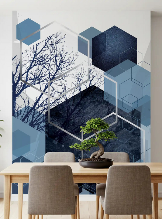 Indigo Hexagon Horizon Wall Mural with blue shapes in dining area.
