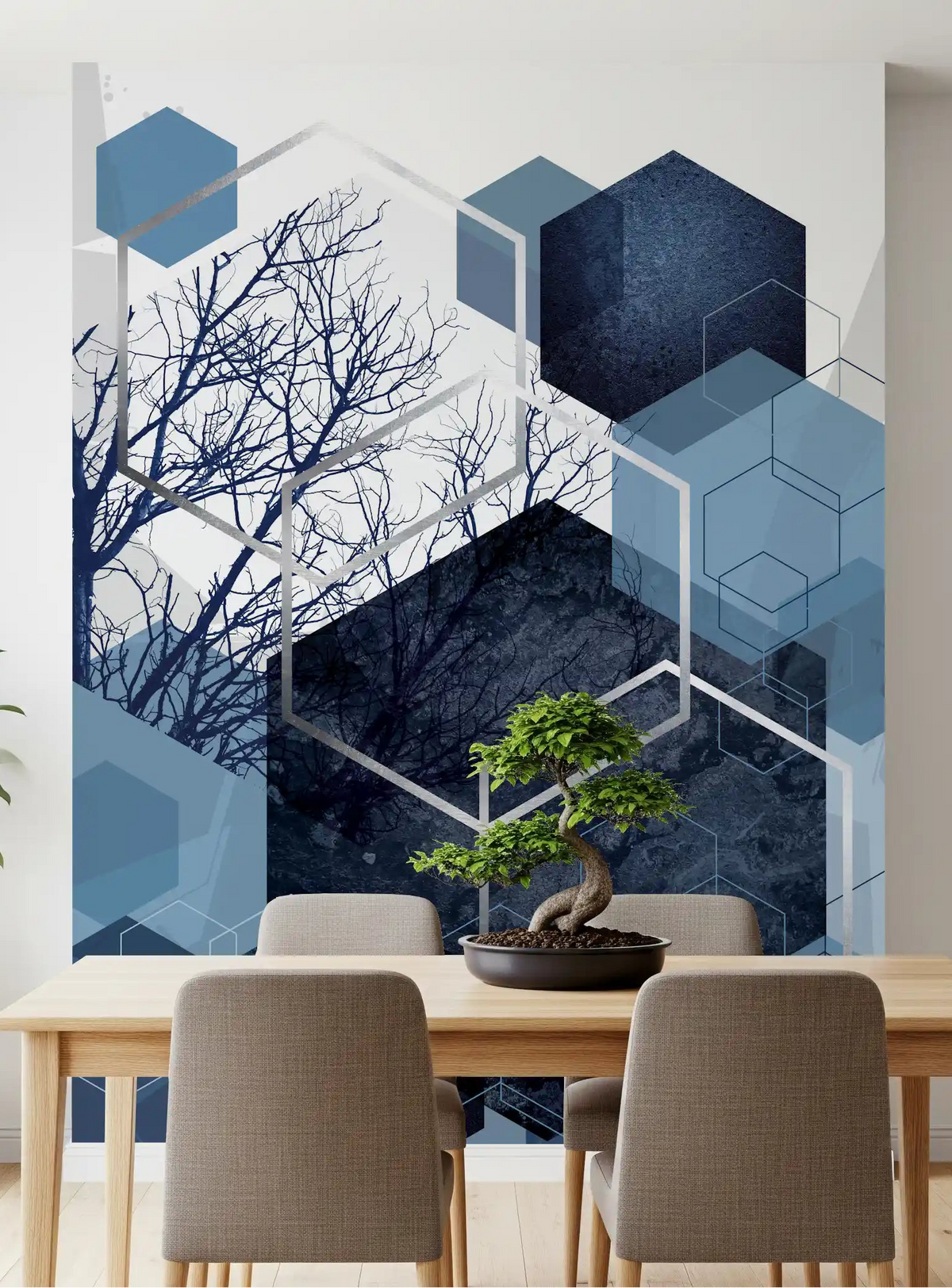 Indigo Hexagon Horizon Wall Mural with blue shapes in dining area., GD10259