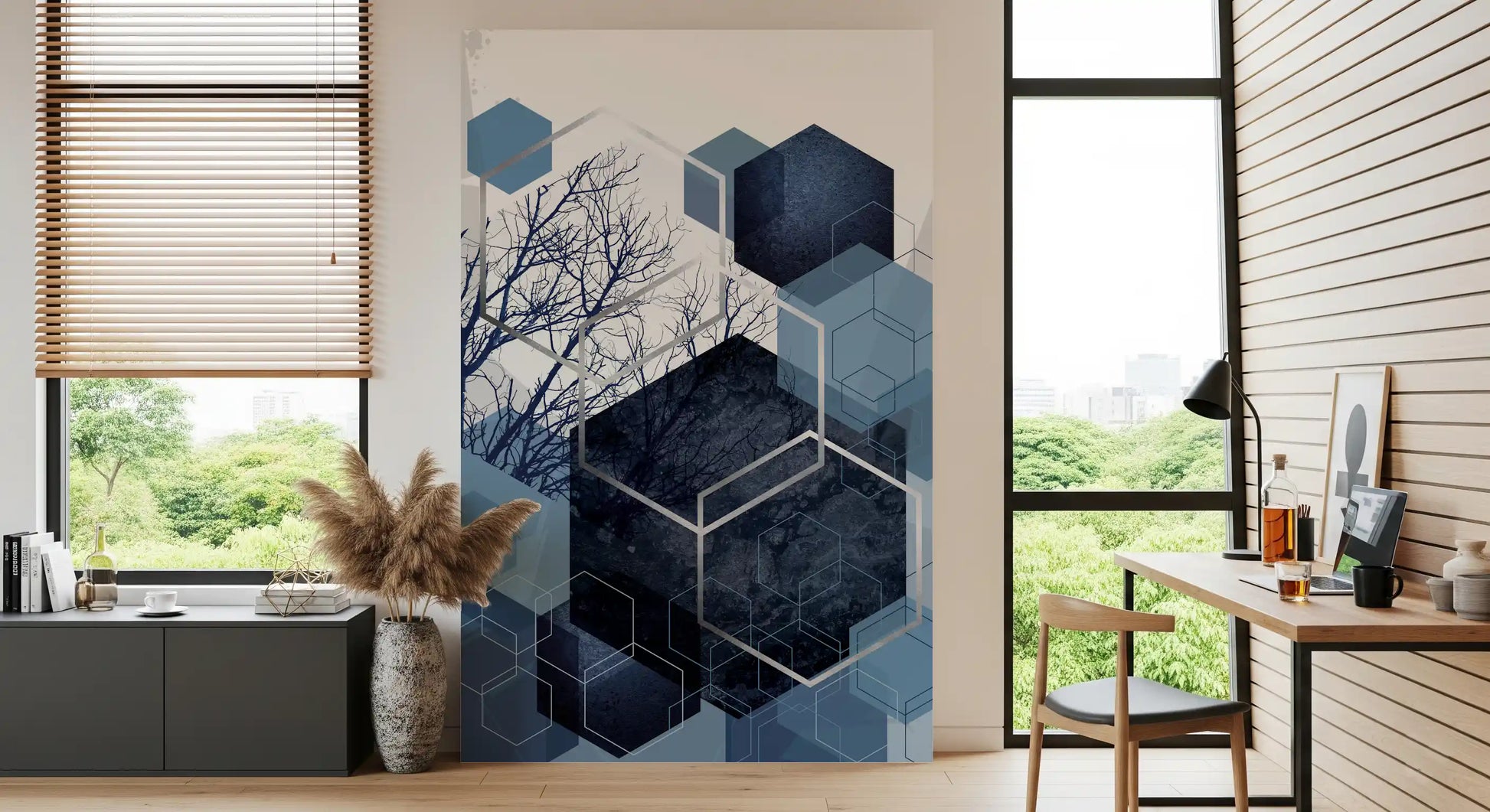 Hexagon layered wall mural combining solid blue colours and winter trees., GD10259