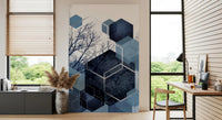 Hexagon layered wall mural combining solid blue colours and winter trees., GD10259