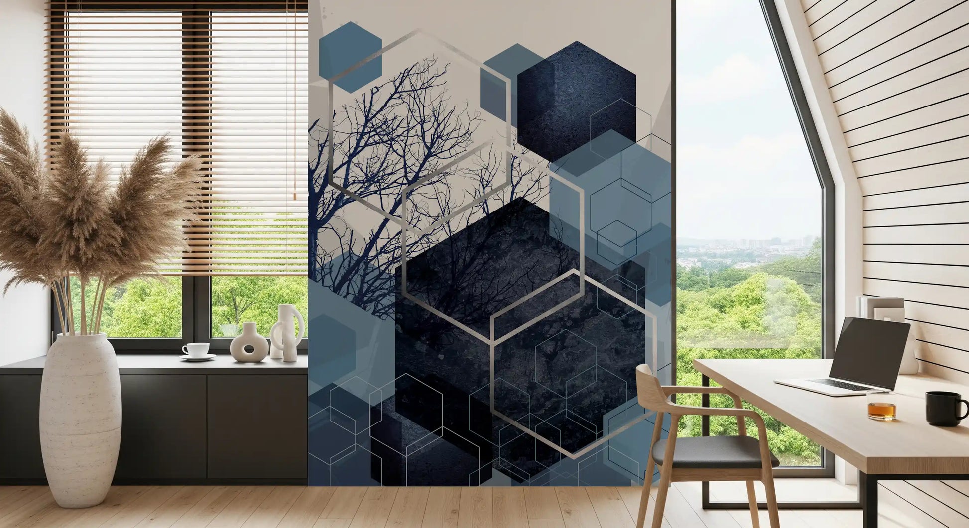 Hexagon dark blue wall mural with overlapping bare branch silhouettes., GD10259