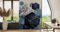 Hexagon dark blue wall mural with overlapping bare branch silhouettes., GD10259
