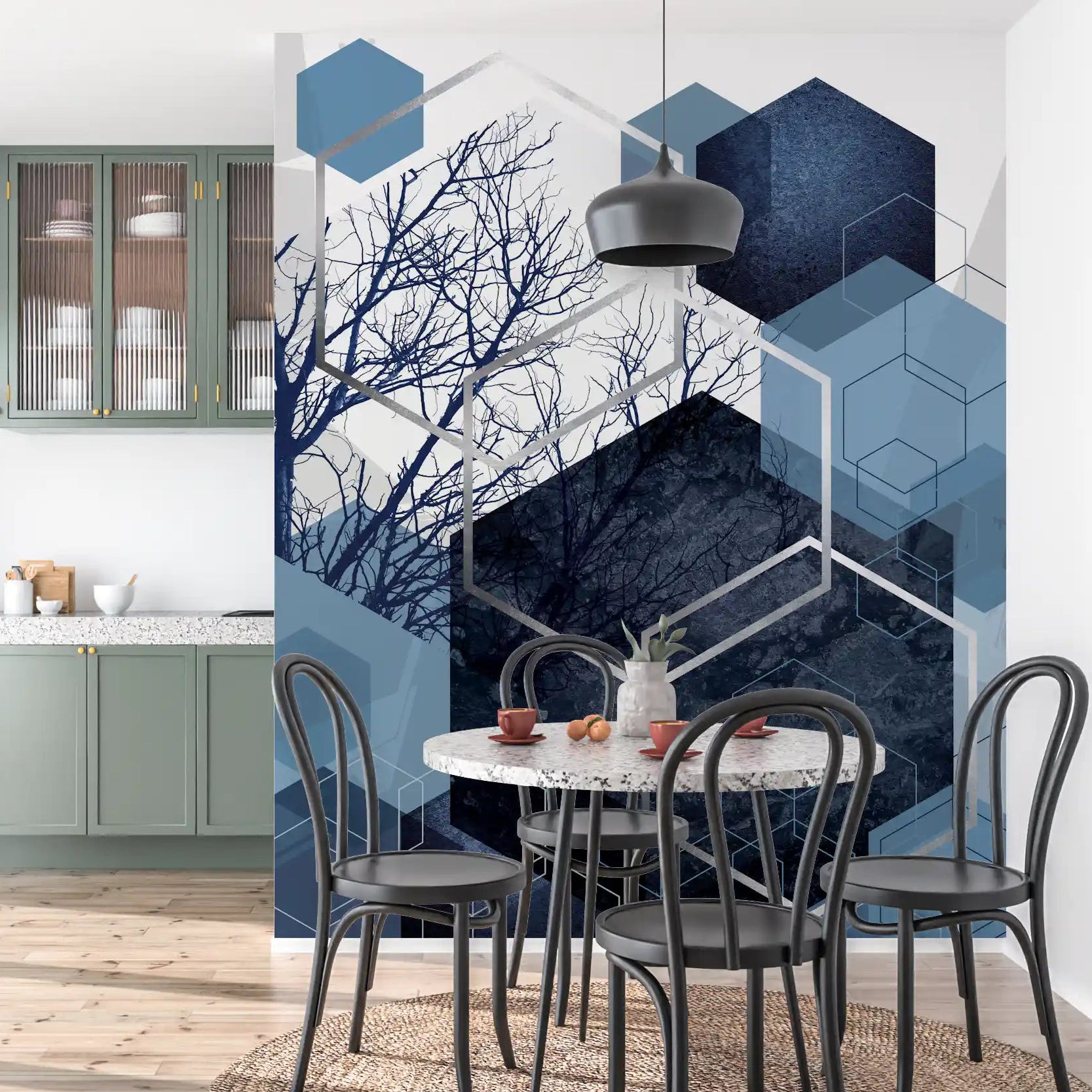 Horizon abstract mural with dark blue shapes for a dining room wall., GD10259