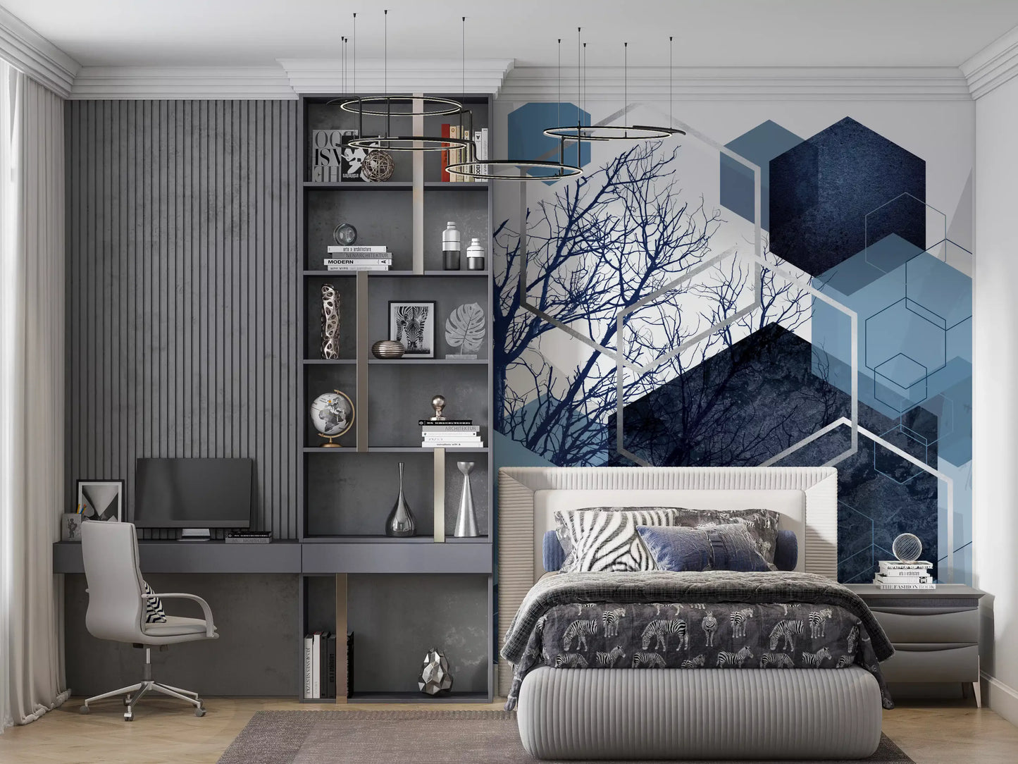 Indigo textured shapes on a winter tree wall mural for bedroom interior., GD10259