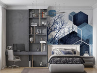 Indigo textured shapes on a winter tree wall mural for bedroom interior., GD10259