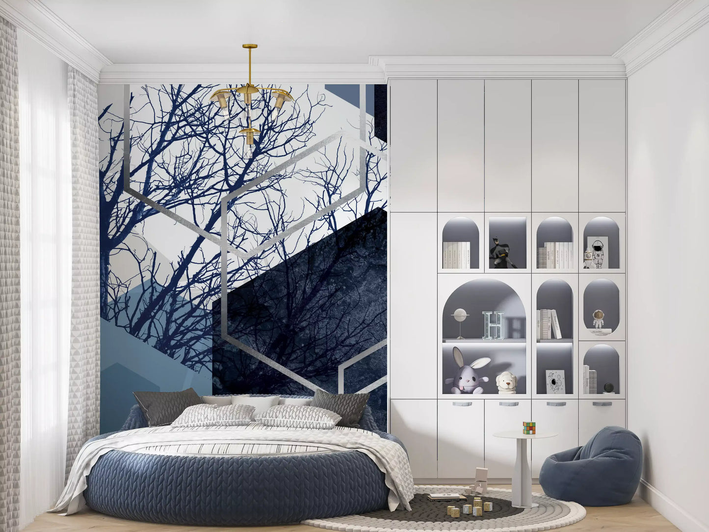 Hexagon pattern wall mural overlapping winter tree silhouettes in bedroom., GD10259