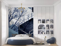 Hexagon pattern wall mural overlapping winter tree silhouettes in bedroom., GD10259