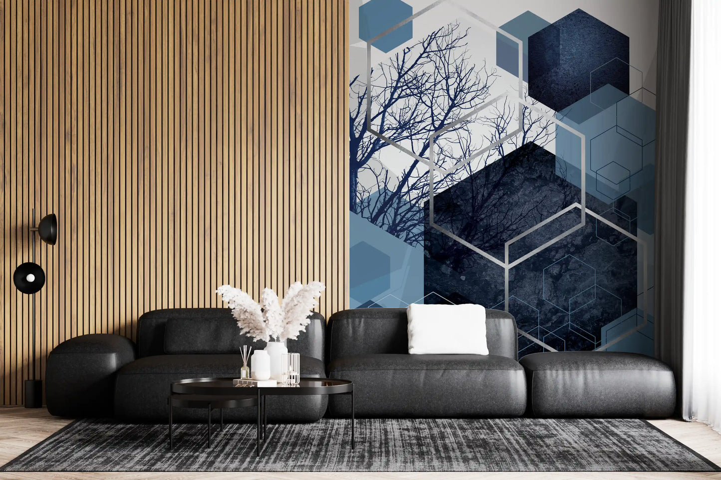 Indigo abstract wall mural featuring silver geometric outlines and trees., GD10259