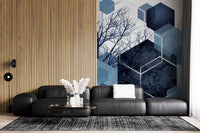 Indigo abstract wall mural featuring silver geometric outlines and trees., GD10259