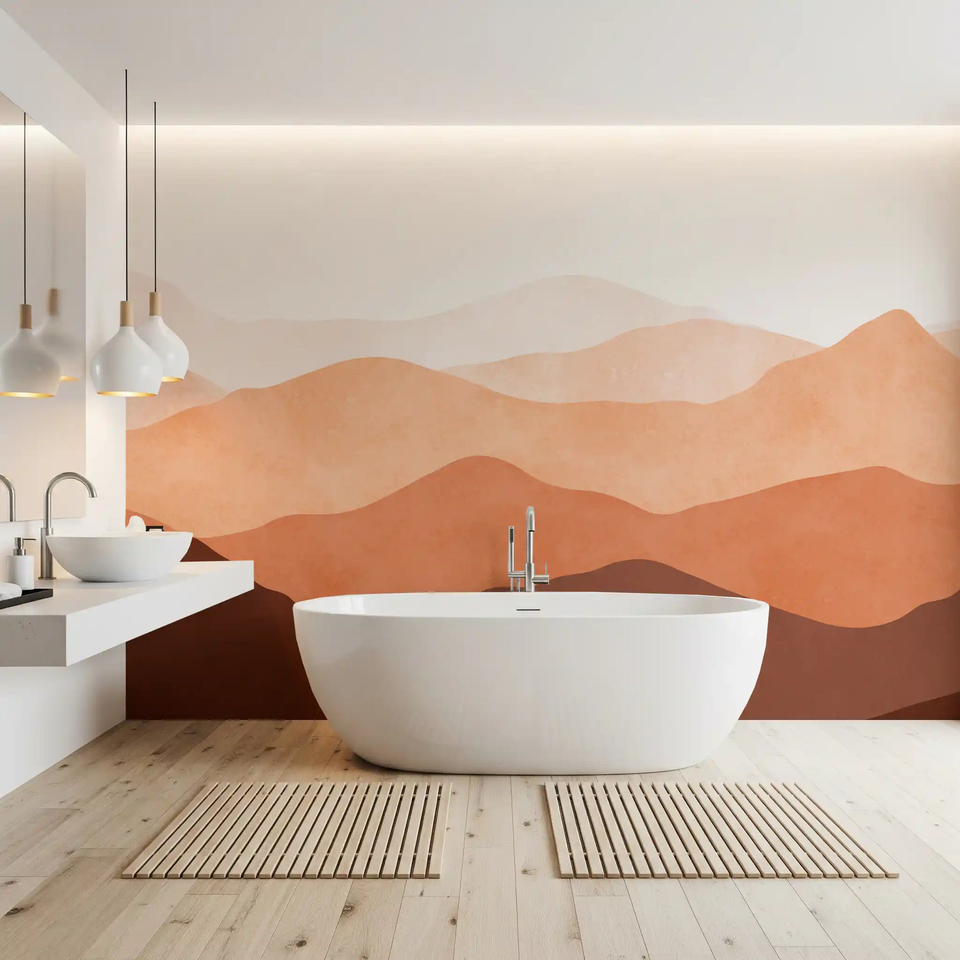 Minimalist Earthy layered hills wall mural  with desert graphic in bathroom., GD10260