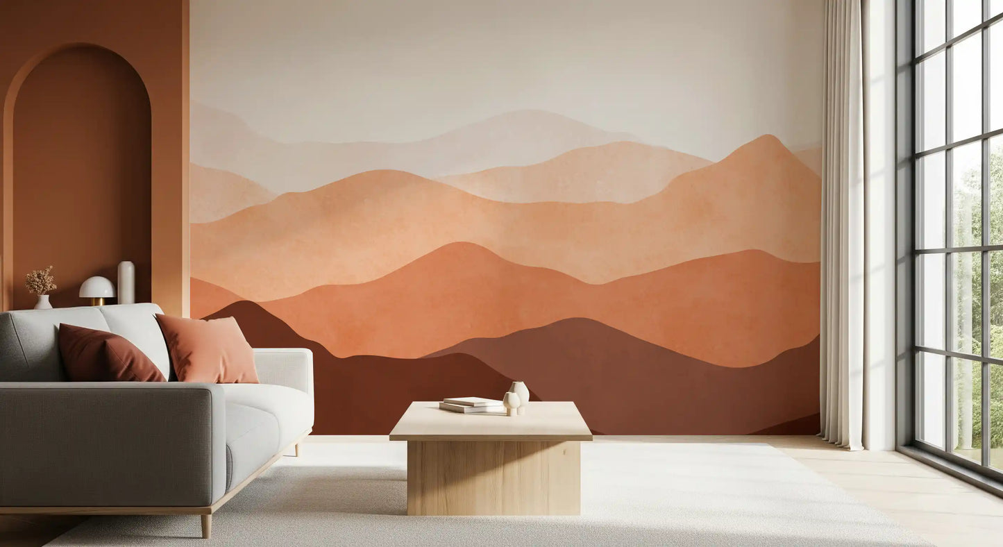 Minimalist Ridge landscape wall mural in terracotta and cream colour blocks., GD10260