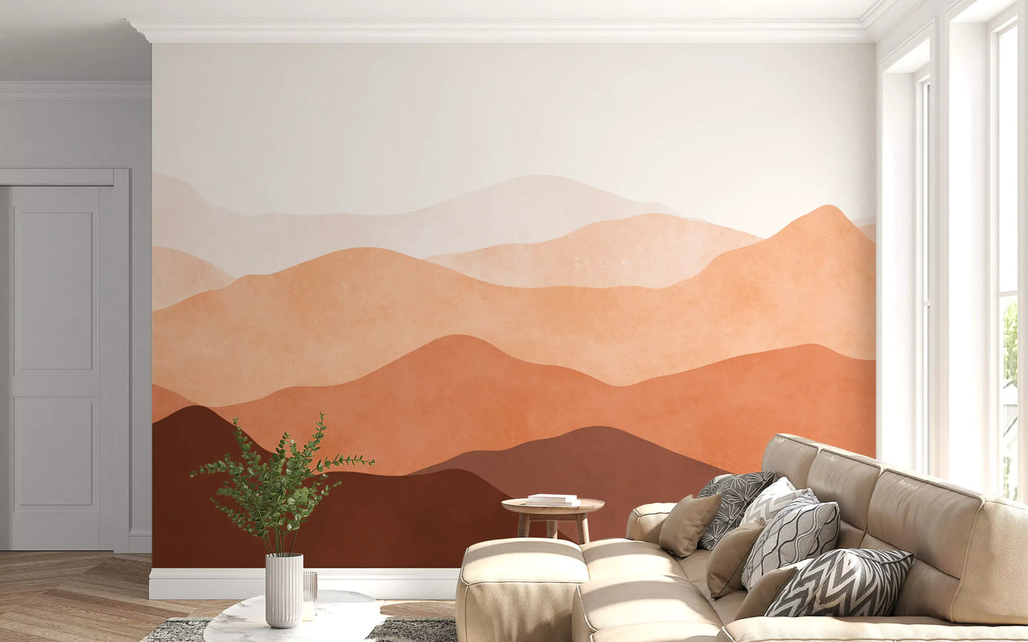 Earthy Ridge Panorama Wall Mural with soft gradient earth tone layers., GD10260