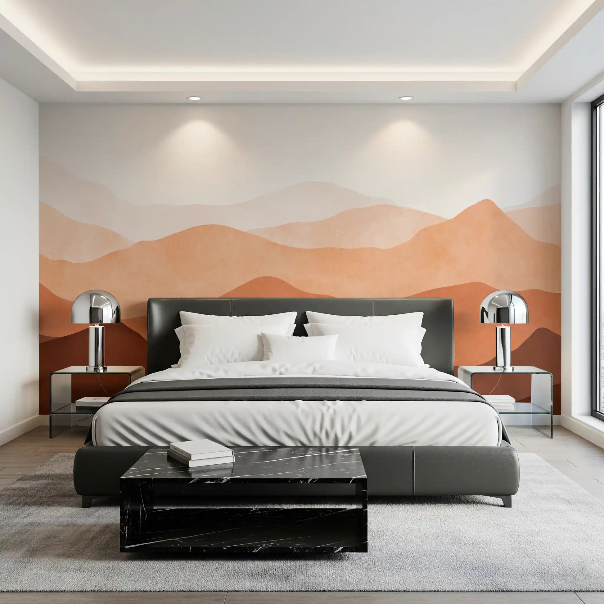 Earthy Ridge Panorama Wall Mural in bedroom with warm taupe and brown tones., GD10260