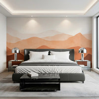 Earthy Ridge Panorama Wall Mural in bedroom with warm taupe and brown tones., GD10260