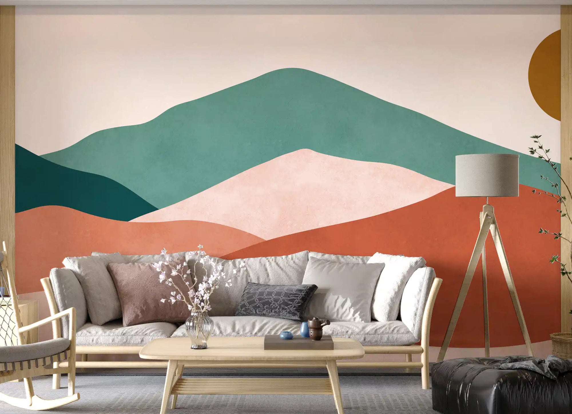 Desert Horizon Layers Wall Mural displaying green and orange hills in a living room., GD10261
