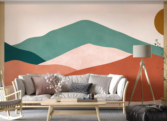 Desert Horizon Layers Wall Mural displaying green and orange hills in a living room., GD10261