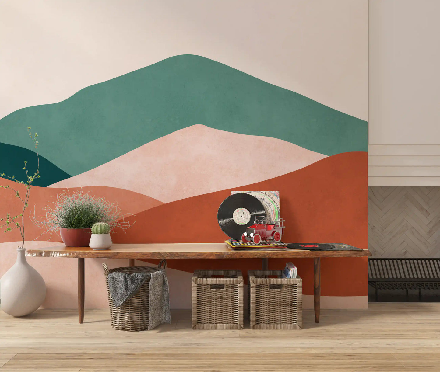 Boho style Desert wall mural designed with minimalist overlapping shapes., GD10261
