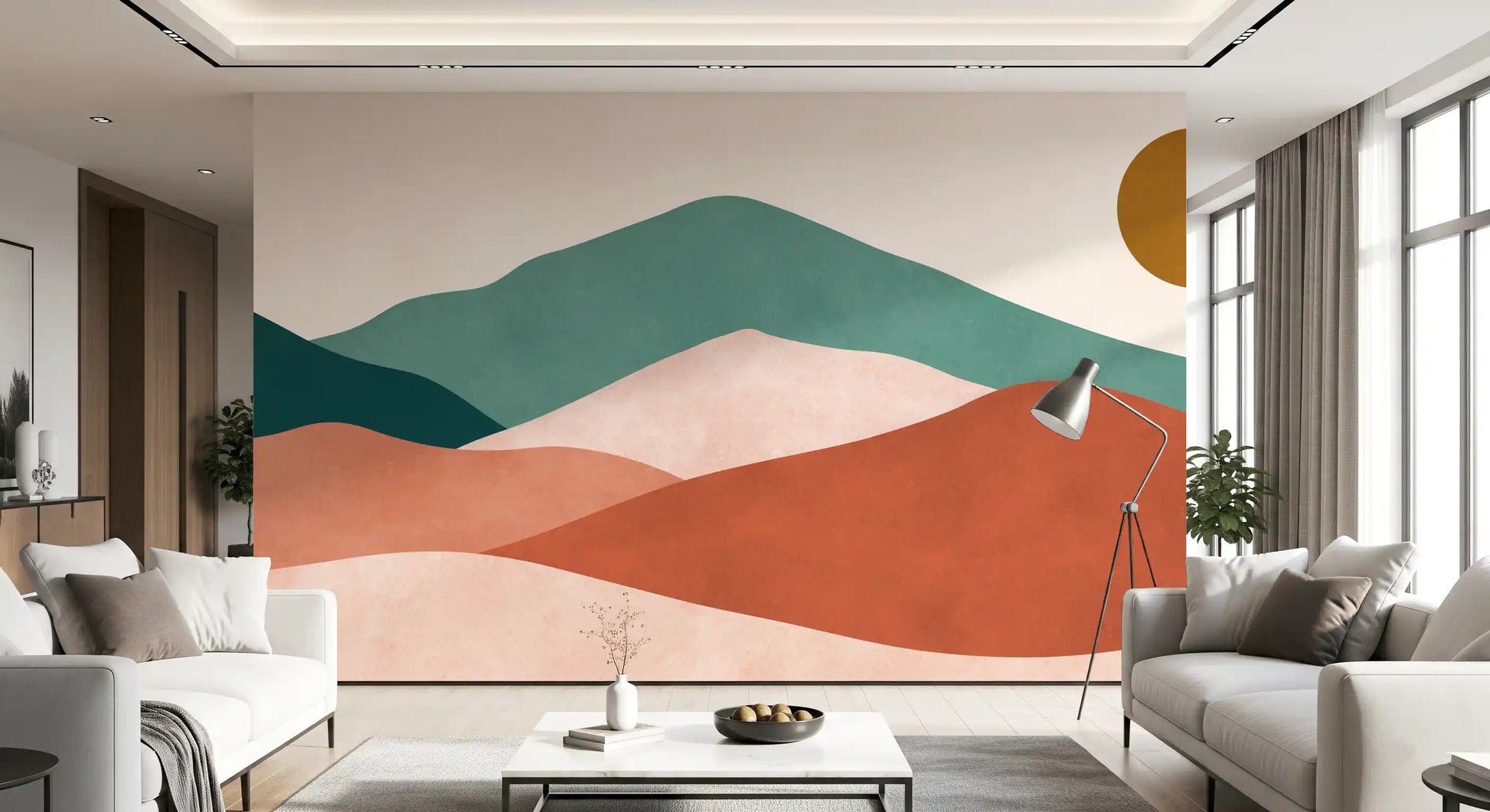 Geometric Desert wall mural showcasing a brown sun over green ridges., GD10261