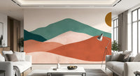Geometric Desert wall mural showcasing a brown sun over green ridges., GD10261