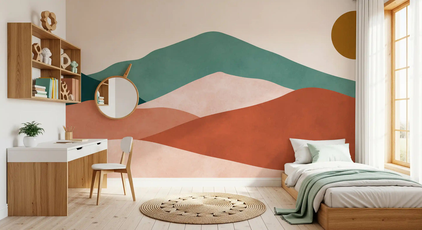 Minimalist Desert wall mural showing teal and terracotta mountains in bedroom., GD10261