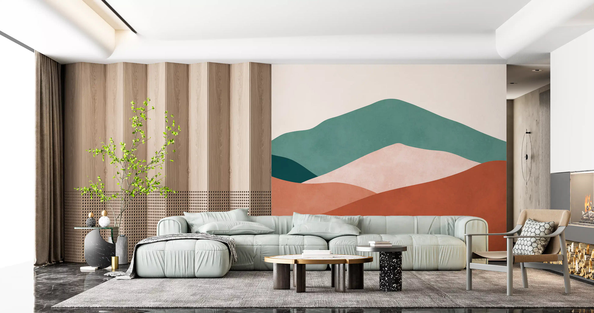 Desert Horizon Layers Wall Mural with boho art in large living room., GD10261