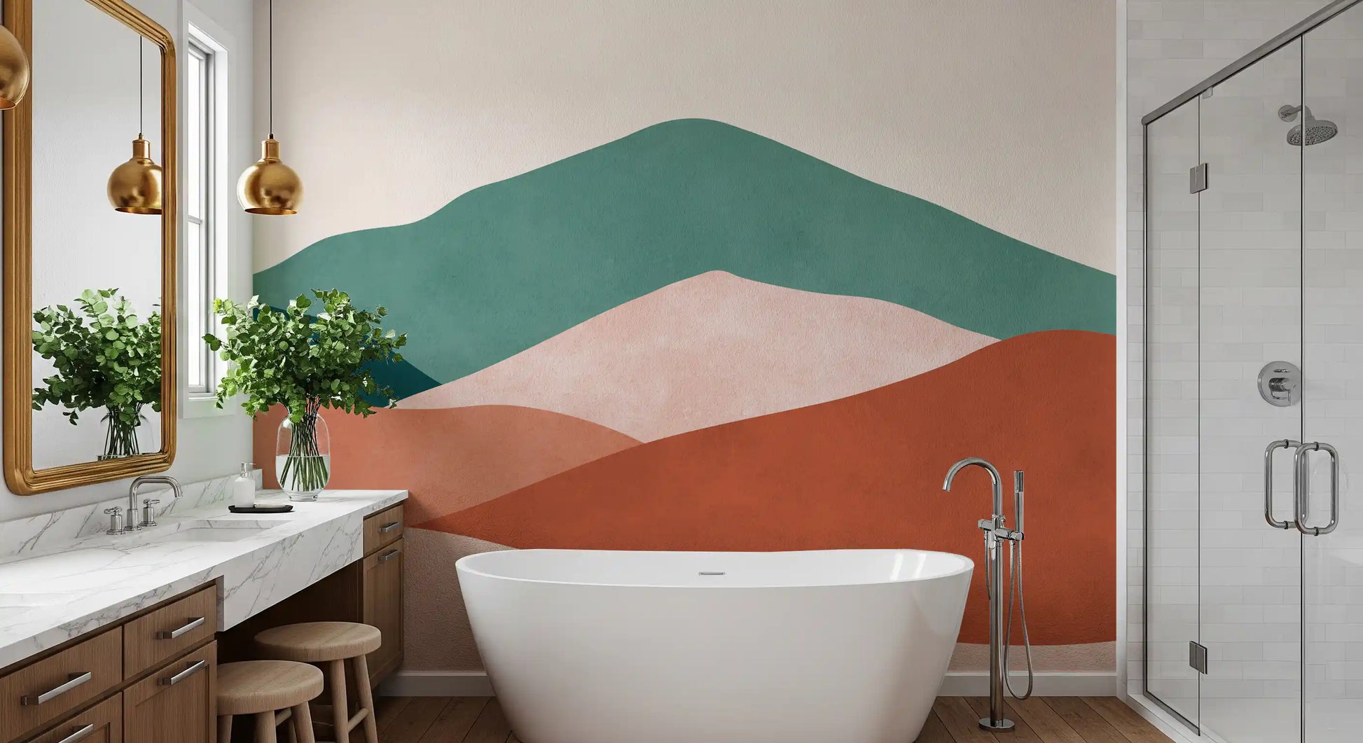 Desert Horizon Layers Wall Mural featuring abstract mountains and a sun in bathroom., GD10261