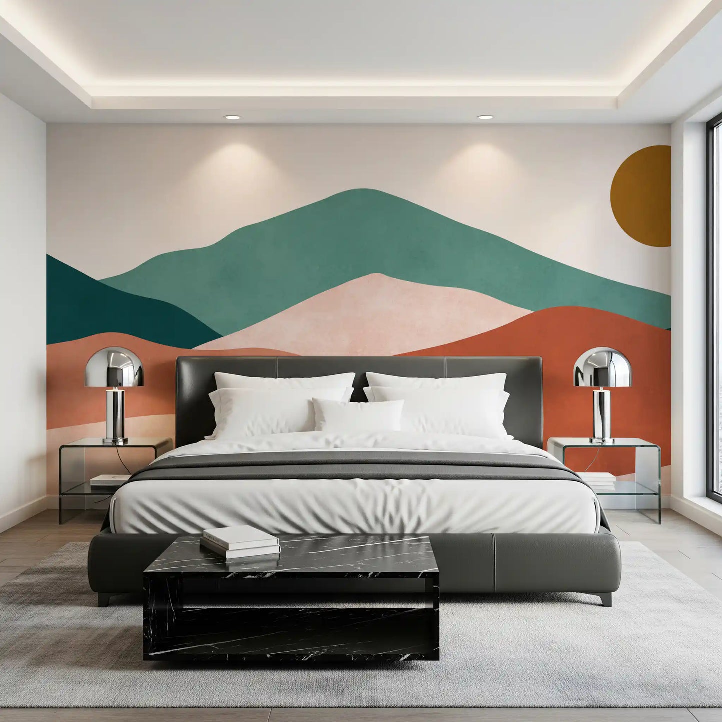 Abstract Layers wall mural featuring rolling hills on bedroom backdrop., GD10261