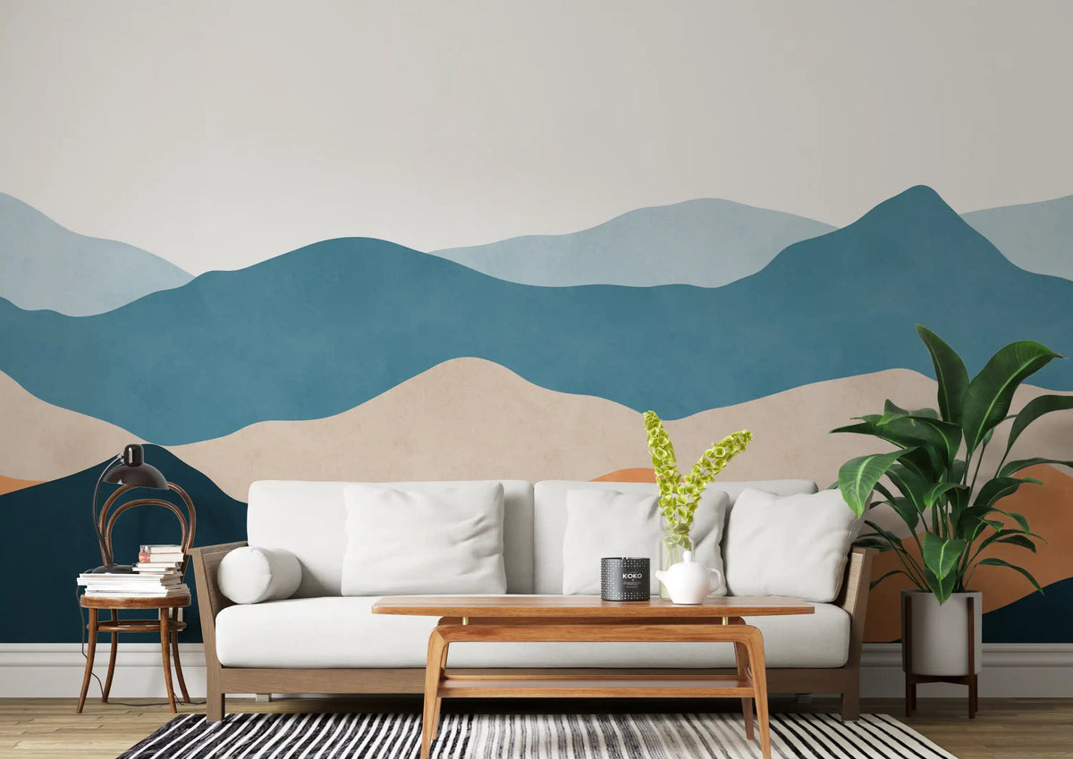Desert Horizon Layers Wall Mural with blue and tan in modern living room spaces., GD10262