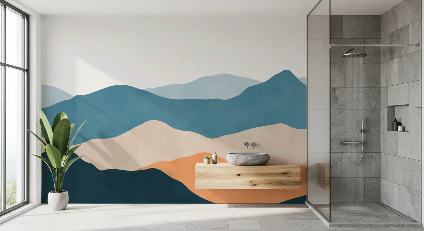 Neutral Desert wall mural featuring overlapping hills in tan and navy blue., GD10262