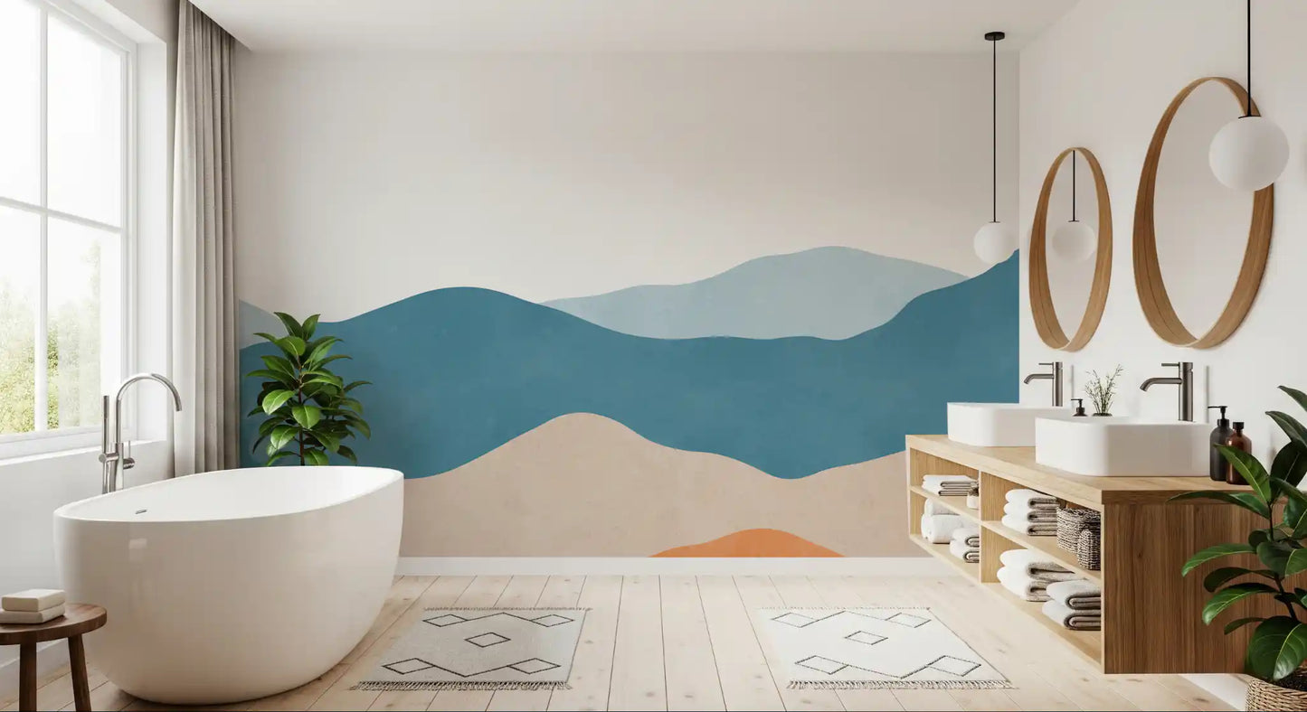 Earthy Desert wall mural with terracotta and navy blue wavy minimalist patterns., GD10262