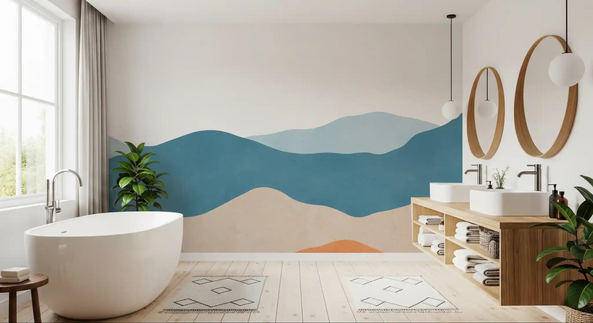 Earthy Desert wall mural with terracotta and navy blue wavy minimalist patterns., GD10262