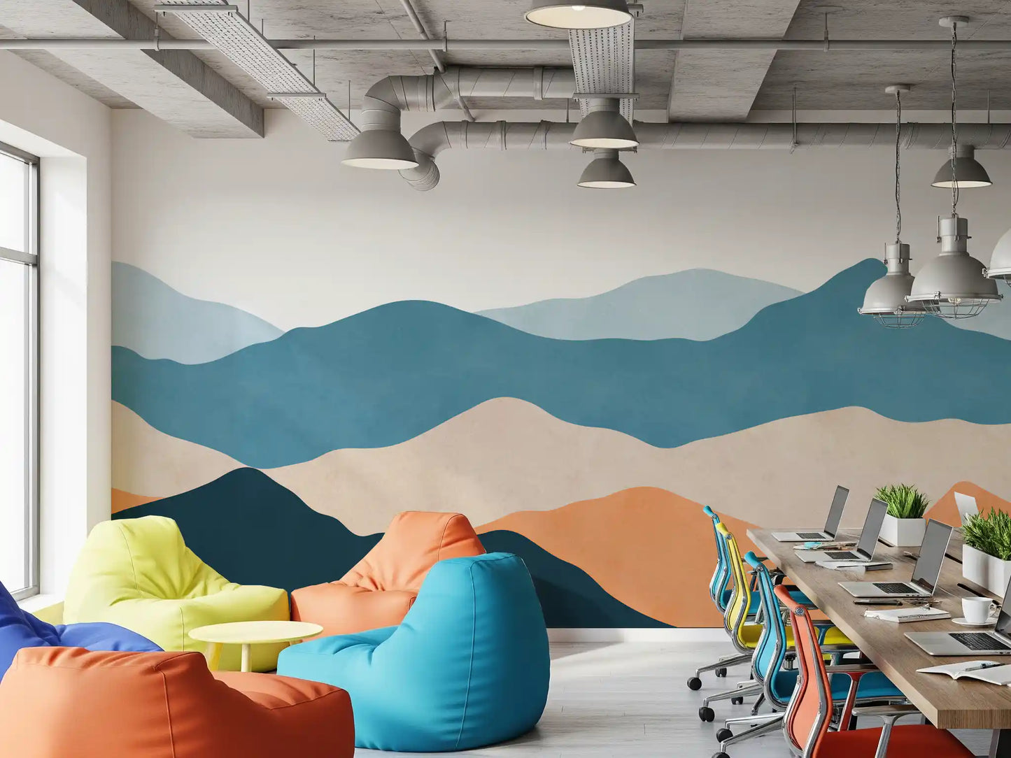 Abstract Horizon wall mural with blue and beige waves in office interiors., GD10262
