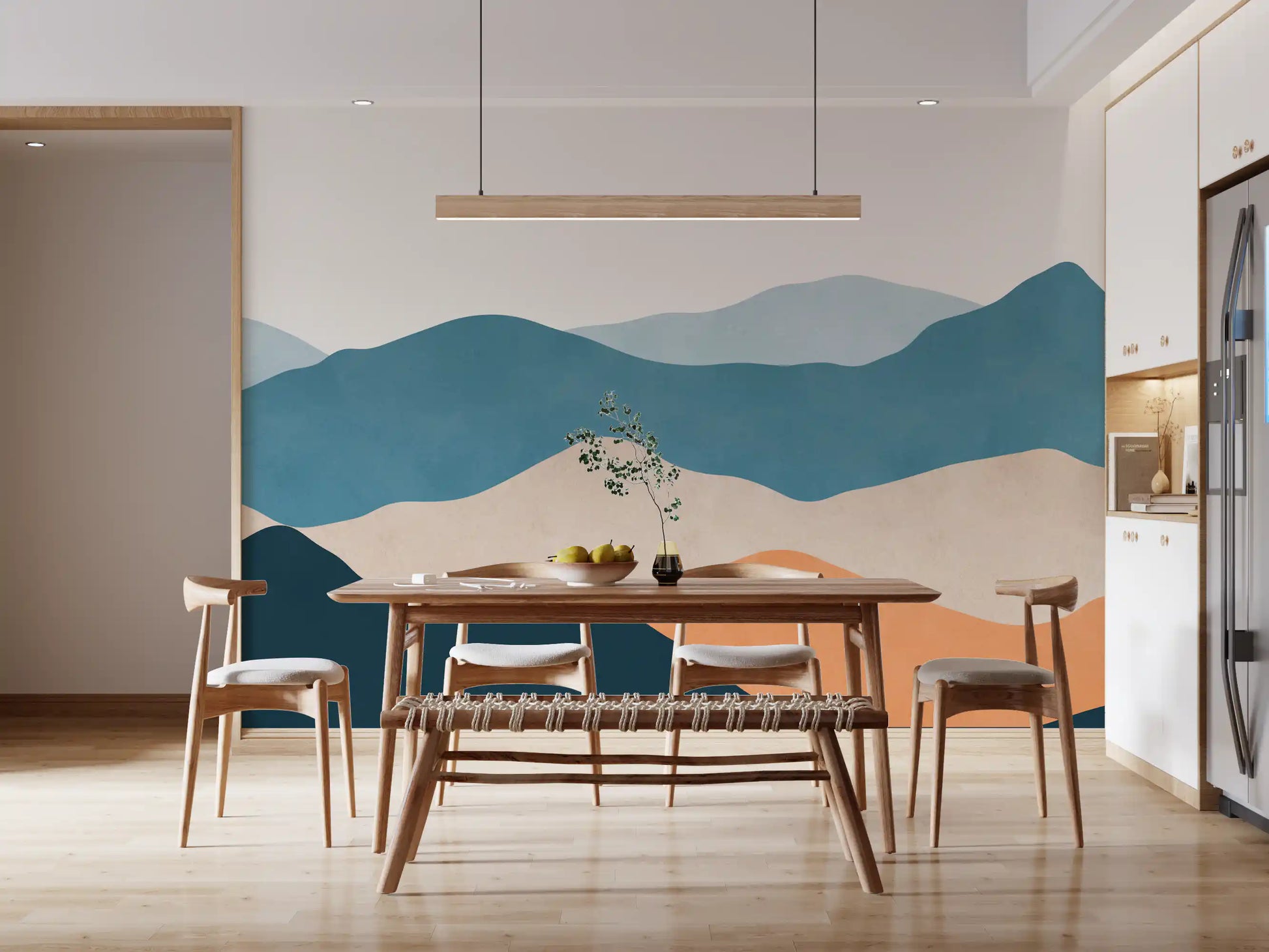 Contemporary Horizon wall mural showing smooth waves in earthy orange and blue., GD10262