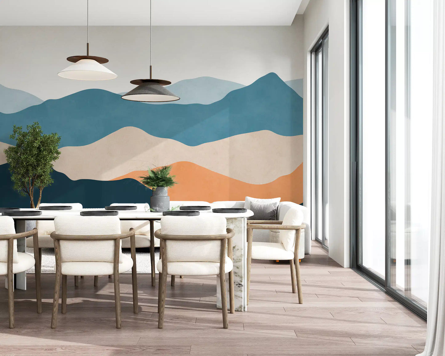Boho Desert wall mural in beige and navy tones suited for dining room., GD10262