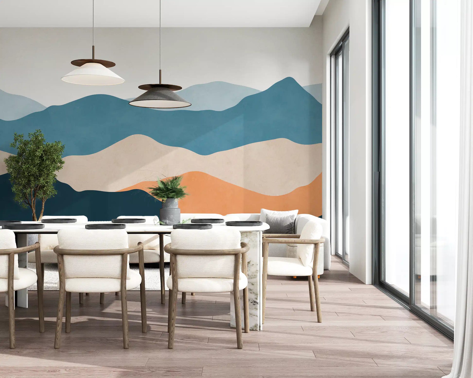 Boho Desert wall mural in beige and navy tones suited for dining room., GD10262