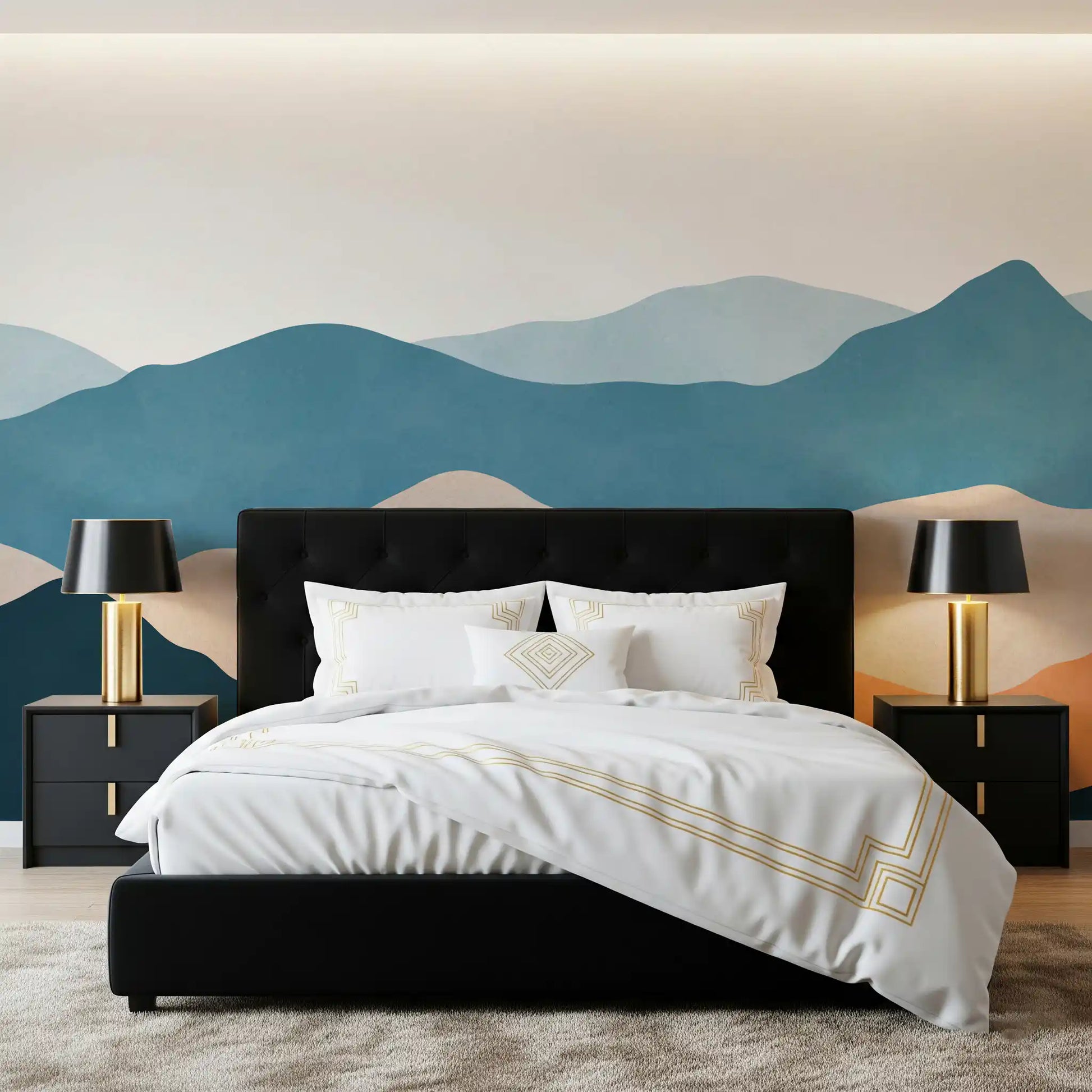 Geometric Layers wall mural displaying muted blue and sand coloured landscape art., GD10262