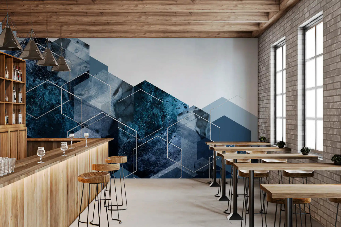 Navy and teal Strata patterned wall mural with abstract stone visuals., GD10263