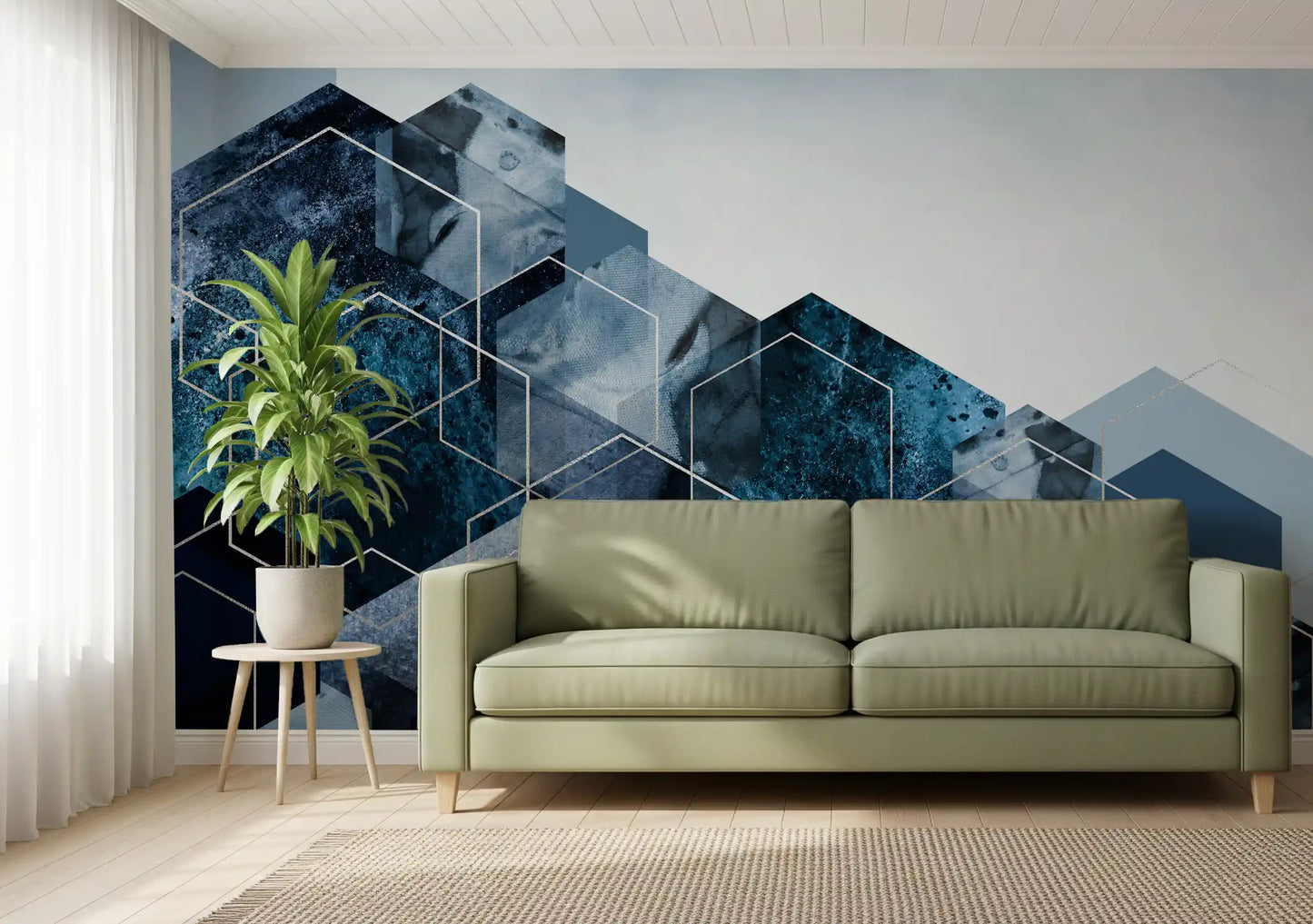 Contemporary Silver outlined geometric shapes wall mural in hallway., GD10263