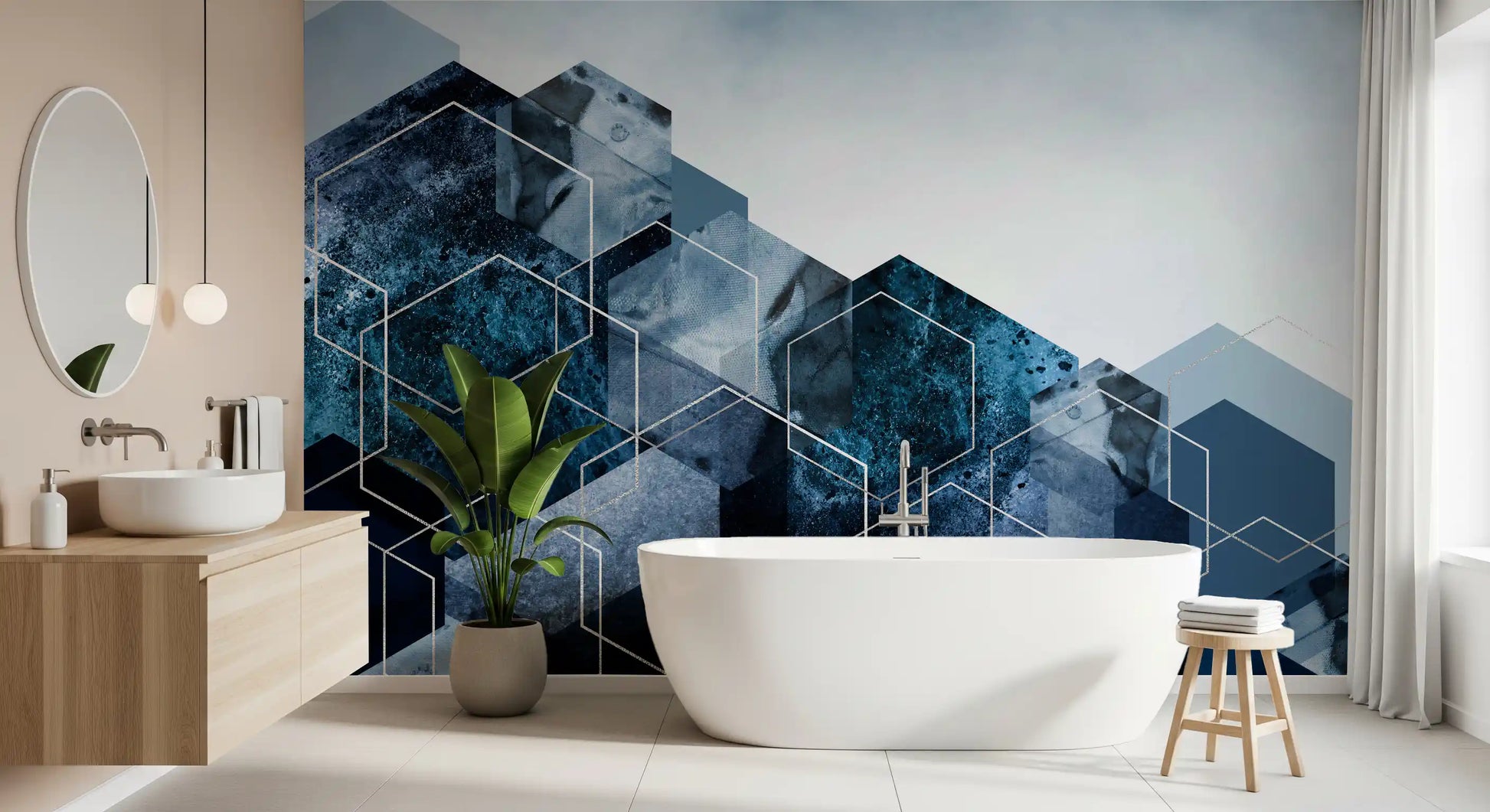Abstract Hexagon layered stone texture wall mural in bathroom with dark blue shades., GD10263